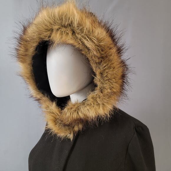 Black Faux Fur Hooded Coat with Gold Crest Buttons by d.e.t.a.i.l.s Intl - Picture 7 of 16